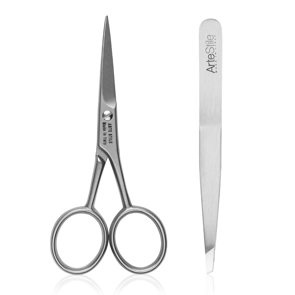 Slant Tip Tweezers + Brow Scissors Kit in Brushed Stainless Steel